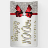 Silver Sequins Red Faux Bow 100th Birthday Spandoek (Verticaal)