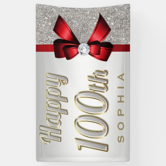 Silver Sequins Red Faux Bow 100th Birthday Spandoek (Verticaal)