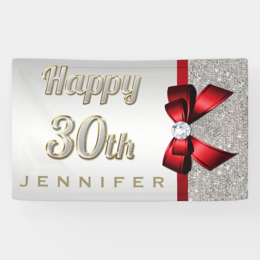 Silver Sequins Red Faux Bow 30th Birthday Spandoek (Horizontaal)