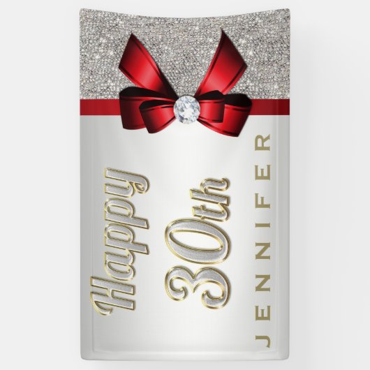 Silver Sequins Red Faux Bow 30th Birthday Spandoek (Verticaal)