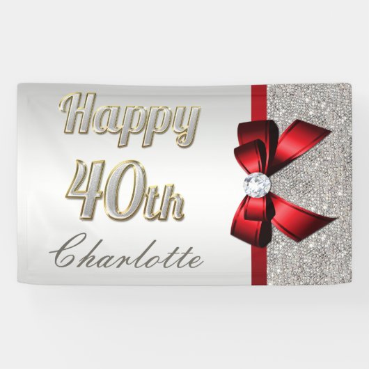 Silver Sequins Red Faux Bow 40th Birthday Spandoek (Horizontaal)