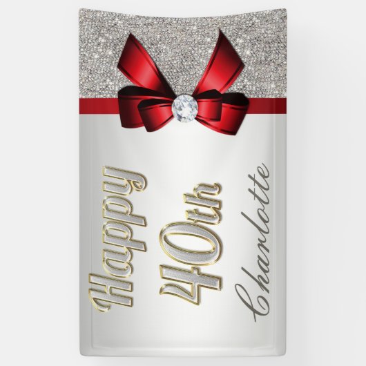 Silver Sequins Red Faux Bow 40th Birthday Spandoek (Verticaal)