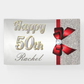 Silver Sequins Red Faux Bow 50th Birthday Spandoek (Horizontaal)