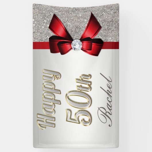 Silver Sequins Red Faux Bow 50th Birthday Spandoek (Verticaal)