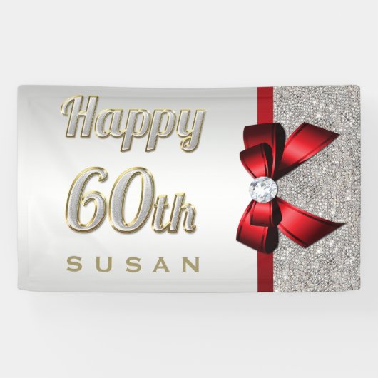 Silver Sequins Red Faux Bow 60th Birthday Spandoek (Horizontaal)