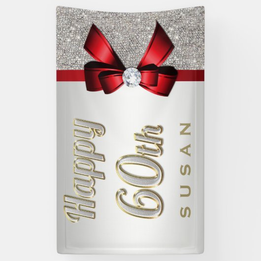 Silver Sequins Red Faux Bow 60th Birthday Spandoek (Verticaal)