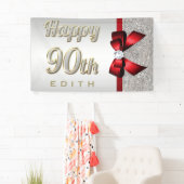 Silver Sequins Red Faux Bow 90th Birthday Spandoek (Insitu)