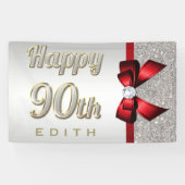Silver Sequins Red Faux Bow 90th Birthday Spandoek (Horizontaal)