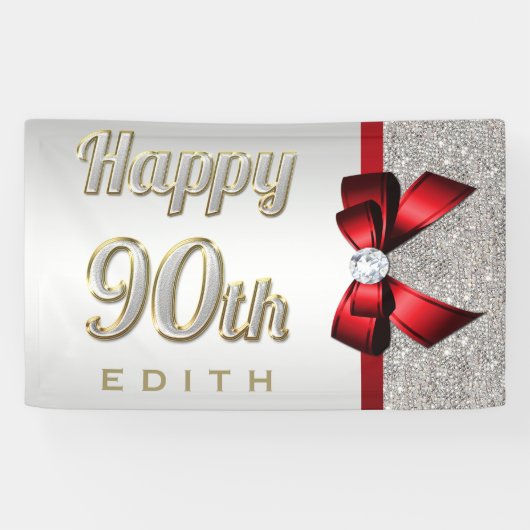 Silver Sequins Red Faux Bow 90th Birthday Spandoek (Horizontaal)
