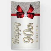 Silver Sequins Red Faux Bow 90th Birthday Spandoek (Verticaal)