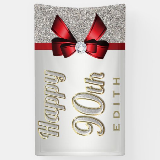 Silver Sequins Red Faux Bow 90th Birthday Spandoek (Verticaal)