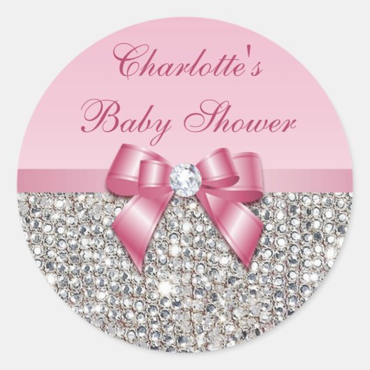 Silver Sequins Roze Bow Diamond Baby shower Ronde Sticker (Voorkant)