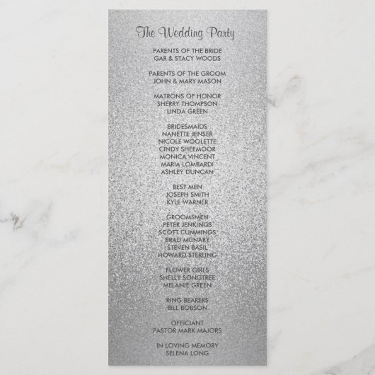 Silver Shimmer Faux Folie huwelijksprogramma Programmakaart (Achterkant)