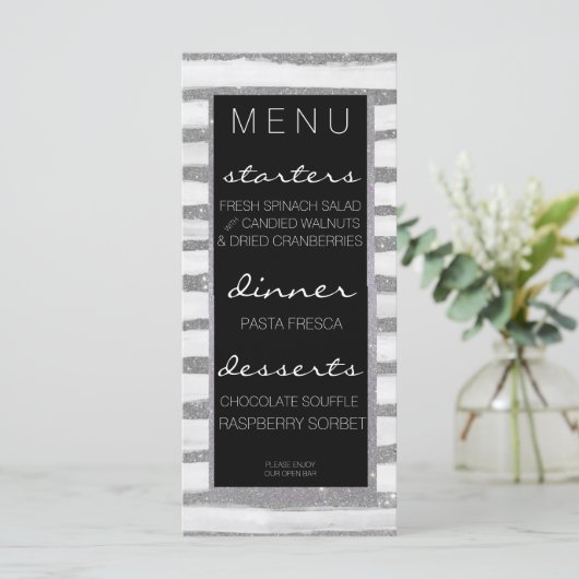 Silver Shimmer Stripe Wedding Menu (Staand voorkant)