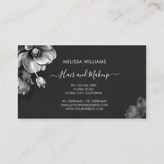 Silver Shiny Flowers Black  Visitekaartje (Achterkant)