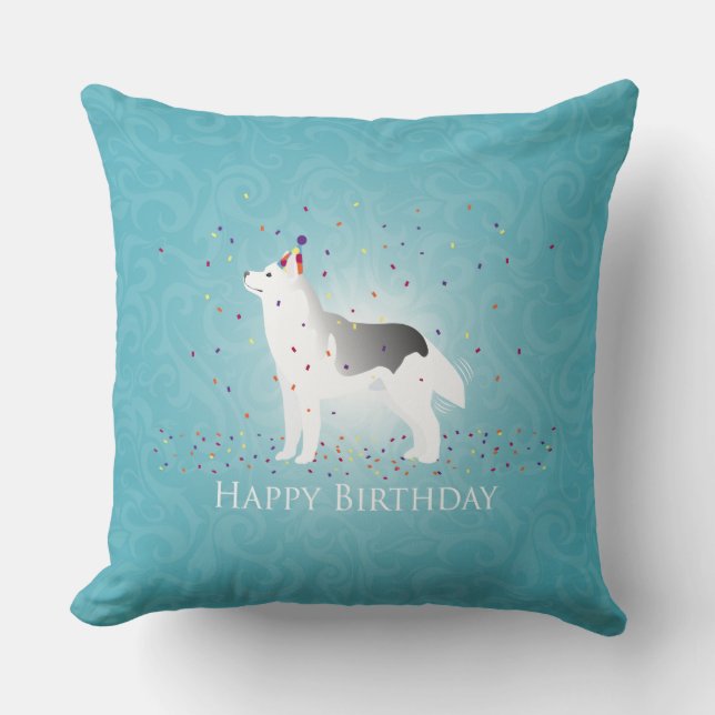 Silver Siberian Husky Dog Happy Birthday Design Kussen (Voorkant)