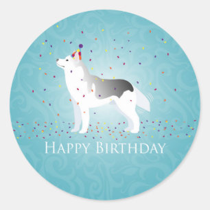 Silver Siberian Husky Dog Happy Birthday Design Ronde Sticker