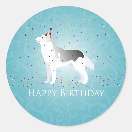 Silver Siberian Husky Dog Happy Birthday Design Ronde Sticker (Voorkant)