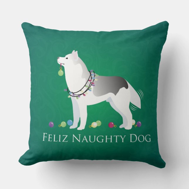 Silver Siberian Husky Feliz Naughty Dog Kerstmis Kussen (Voorkant)