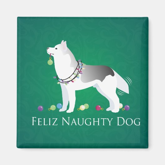 Silver Siberian Husky Feliz Naughty Dog Kerstmis Magneet (Voorkant)