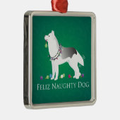 Silver Siberian Husky Feliz Naughty Dog Kerstmis Metalen Ornament (Rechts)