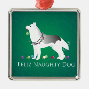 Silver Siberian Husky Feliz Naughty Dog Kerstmis Metalen Ornament