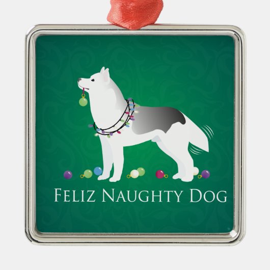 Silver Siberian Husky Feliz Naughty Dog Kerstmis Metalen Ornament (Voorkant)