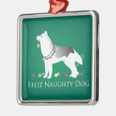 Silver Siberian Husky Feliz Naughty Dog Kerstmis Metalen Ornament (Links)