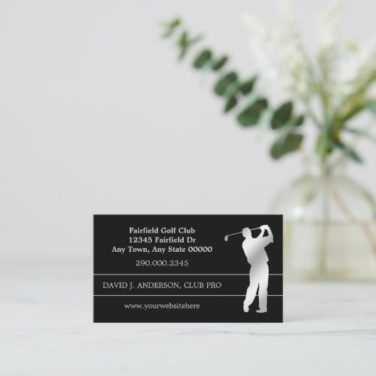 Silver Silhouette Golfer op Black Visitekaartje (Staand voorkant)