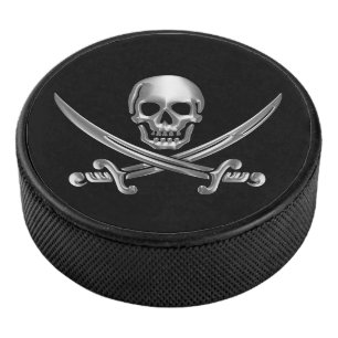 Silver Skull en Crossed Swords Hockey Puck