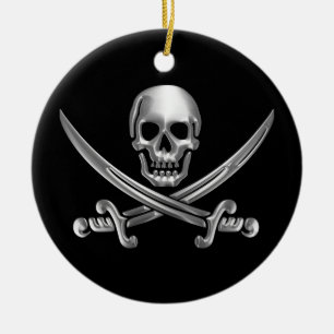 Silver Skull en Crossed Swords Keramisch Ornament