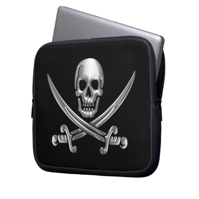 Silver Skull en Crossed Swords Laptop Sleeve (Voorkant Links)