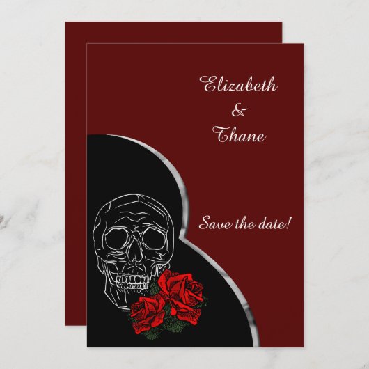 Silver Skull en Rozen Modern Gothic Wedding Save The Date (Voorkant / Achterkant)