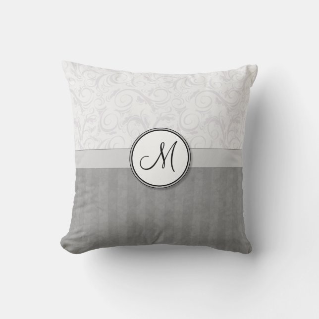 Silver Snow Floral Wisps & Stripes met monogram Kussen (Voorkant)