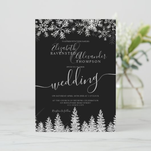 Silver snow pine black Christmas winter wedding Kaart (Staand voorkant)