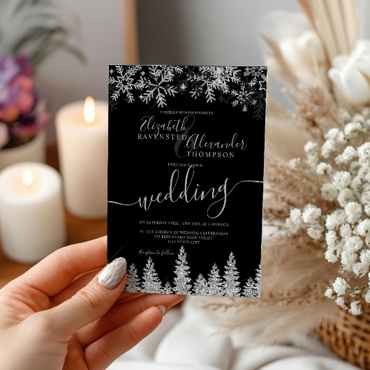 Silver snow pine black Christmas winter wedding Kaart