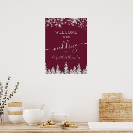 Silver snow pine red Christmas winter wedding Poster (Keuken)