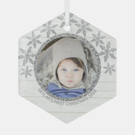 Silver Snowflake Chic Round Foto met Kerstmis Glas Ornament