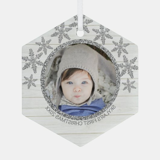 Silver Snowflake Chic Round Foto met Kerstmis Glas Ornament (Achterkant)