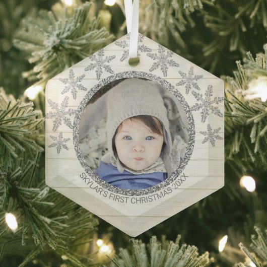 Silver Snowflake Chic Round Foto met Kerstmis Glas Ornament (Insitu)