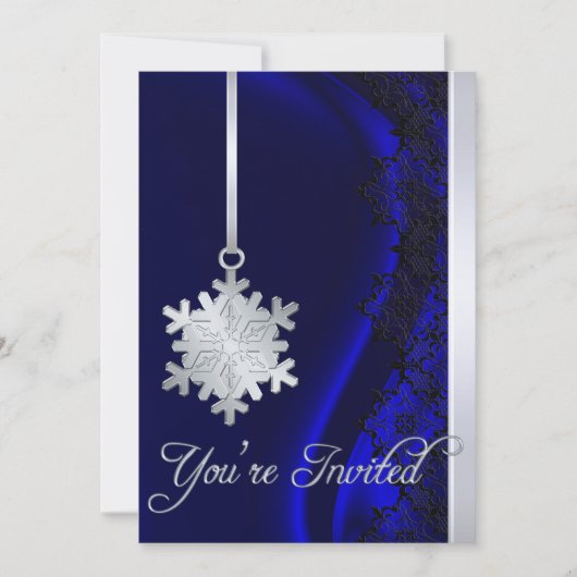 Silver Snowflake Decorting Blue Silk Invitation Kaart (Voorkant)