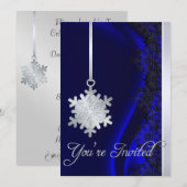 Silver Snowflake Decorting Blue Silk Invitation Kaart (Voorkant / Achterkant)