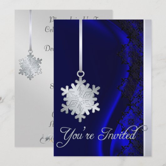 Silver Snowflake Decorting Blue Silk Invitation Kaart (Voorkant / Achterkant)