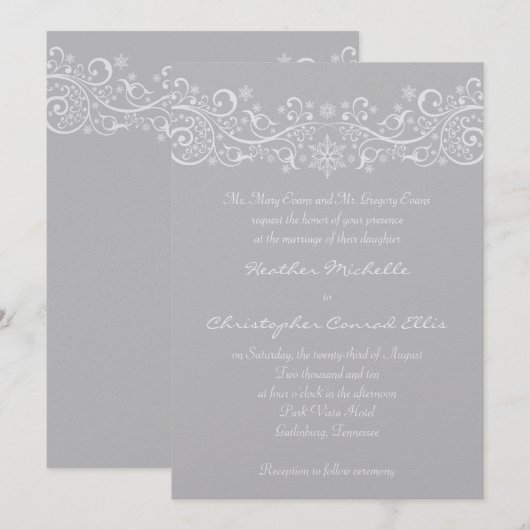 Silver Snowflake Floral Wedding Invitation Kaart (Voorkant / Achterkant)