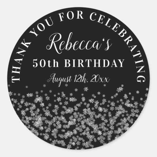 Silver Snowflake Glitter 50th Birthday Dank u Ronde Sticker (Voorkant)