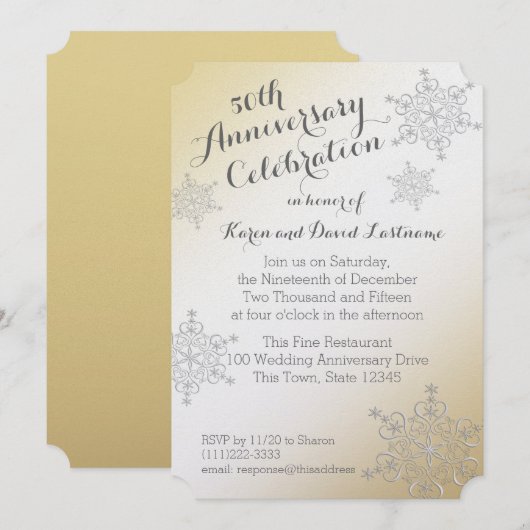 Silver Snowflake Golden 50th Wedding Jubileum Kaart (Voorkant / Achterkant)