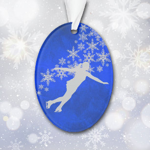Silver Snowflake Ice Skater op Blue Ornament