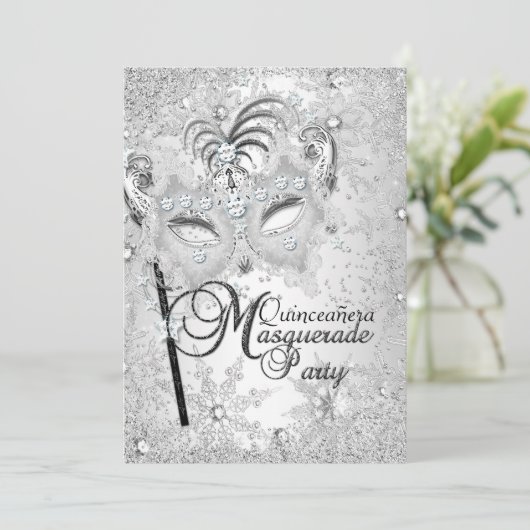 Silver Snowflake Masquerade Quinceanera Kaart (Staand voorkant)