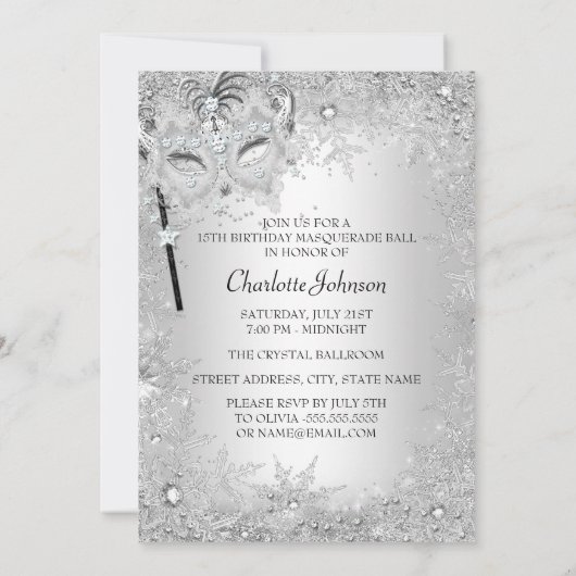 Silver Snowflake Masquerade Quinceanera Kaart (Achterkant)
