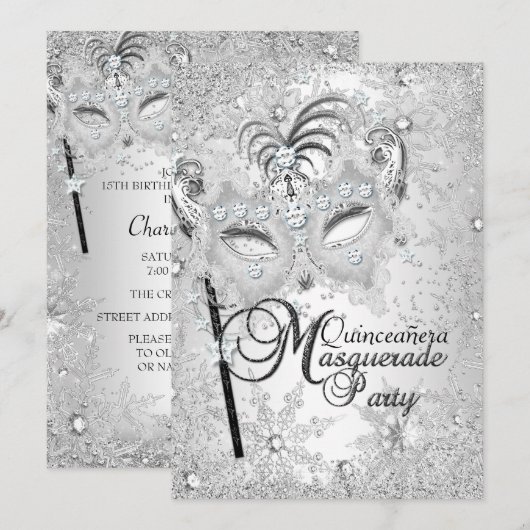 Silver Snowflake Masquerade Quinceanera Kaart (Voorkant / Achterkant)